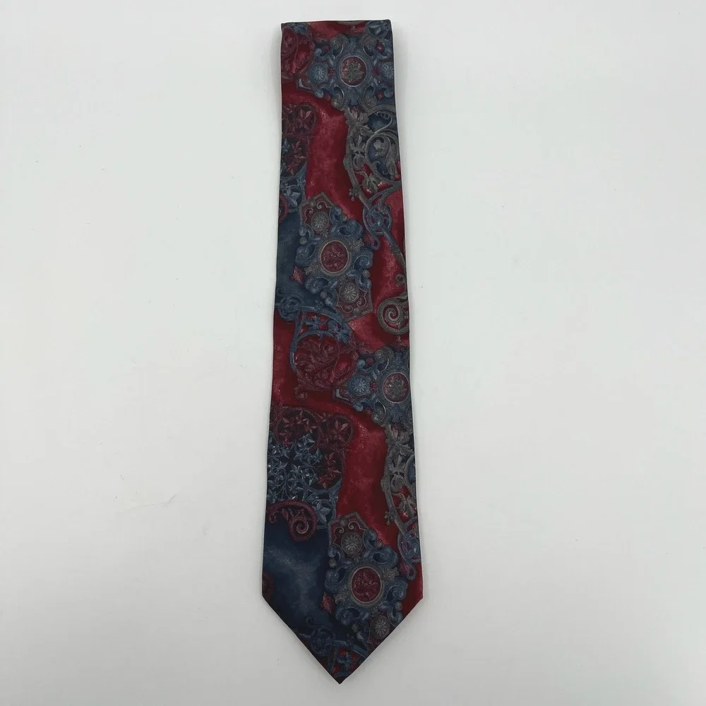 Vtg 90s Courtenay Tie Mens Silk Red Blue Gray Ornate Medallion Baroque Abstract